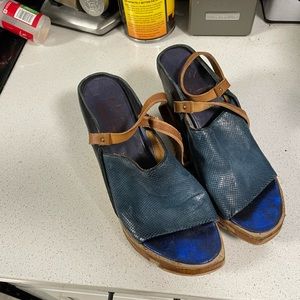 A.S.98 Blue and Tan Wedge Sandals